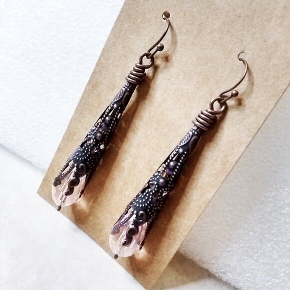 Ultra Feminine! Extra Long! Copper Filigree & Pastel Pink Dangle Earrings - Picture 2 of 7